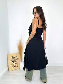 Longline Tunic With Thin Straps, Boho Chic Style. - Black - View 2