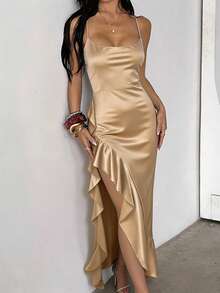 Women Summer Dress, High-End Elegant Sexy Spaghetti Strap Ruffle Hem Slit Dress Party Dress For Women, Suitable For Valentine's Day, Dates, Gatherings, Parties, Travel, Vacation, Beach Wedding Spring - Rượu sâm banh - Xem 3