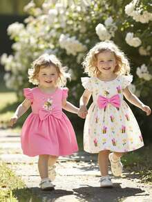 2pcs/Set Baby Girls' Cute Round Neck Sleeveless Bow Decor Cartoon Bee Print A-Line Dress, Suitable For Daily Outings, Spring/Summer - Hot Pink - View 3