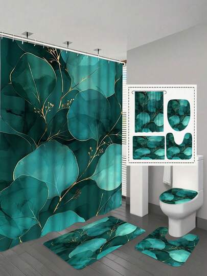 Bộ 1/4 rèm tắm họa tiết lá xanh dương và xanh lá cây, vải chống thấm nước, trang trí phòng tắm, thiết kế thực vật trang nhã, phù hợp với phòng tắm hiện đại, nghệ thuật trừu tượng.