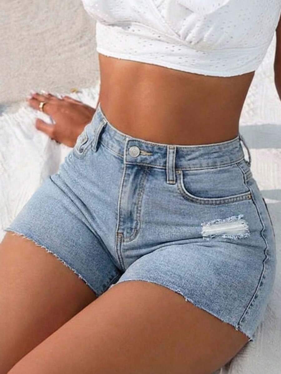 Shorts vaqueros desgastados de unicolor casual para mujer, verano - Azul lavado medio - Ver 1