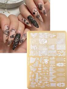 1pc Bronzing Gold Snake Pattern Nail Art Stamping Plate Nail Stencil Snake Print Snake Scale Goth Metal Nail Art Template Manicure Tool Nail Salon Supply DIY Snake Nail Stainless Steel Template - Gold - View 2