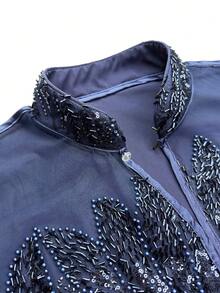 SUPGIR [Random Print] Women's Long Sleeve Sequin Patchwork Waist Tie Evening Dress - Navy Blue - View 5