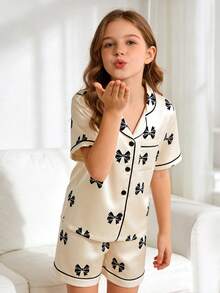 2 piezas Conjunto de pijama de pantalón corto y manga corta con lazo blanco para niña preadolescente - Multicolor - Ver 6