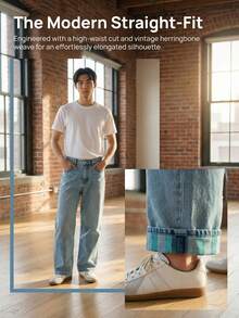 1pc Spring/Summer Lightweight Vertical Striped Jacquard Loose Straight Leg Men's Jeans, Suitable For Daily, Business, Commuting, Vacation And Other Occasions, Unisex Denim Pants - Light Wash - View 5