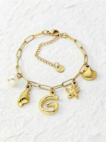 1 件 18K 镀金吊坠手链，不锈钢链式手链，贝壳字母项链，金吊坠，波西米亚海滩风格，18K 海星冲浪者珠宝礼物，Ins 风格，金手链，圣诞节，万圣节，优雅礼物 - 海洋字母手鍊 - 查看 20