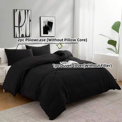 1 Set Black Bedding Set, 1 Duvet Cover And 2 Pillowcases