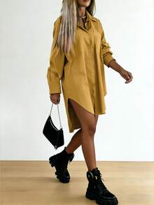 Women's Solid Color Button Front Short Hem Long Sleeve Shirt - Khaki - View 3