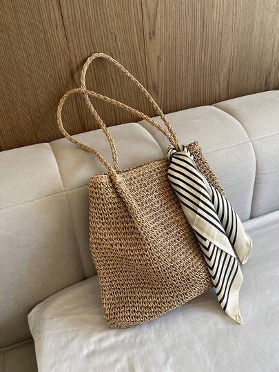 复古草编包，拉链单肩沙滩包，简约森系编织手提包，大容量女士手提包