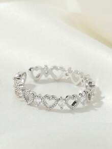 1pc Luxury Hollow Heart Rhinestone Inlaid Adjustable Open Ring, Fashionable Elegant Minimalist Versatile Jewelry, Suitable For Daily Wear, Dates, Weddings, A Gift For Her - Silver - View 5