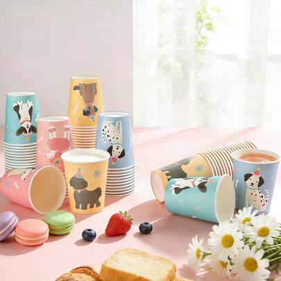 10pcs/20pcs/60pcs,Dog Theme Party Paper Cups - Cute Puppy Birthday 9oz Disposable Cartoon Dog Cups For Pet Lovers Party, BabyShower, And Celebrations-6 Cute Puppy Designs Cups With Party Hats, Perfect For Pet Dog Birthday, Pet Adoption, Newborn Shower, Dog Lover Party Table Decorations