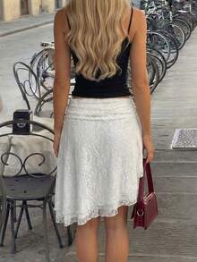 Women's French Retro White Heavy Lace High Waist Asymmetrical Ruffle Hem A-Line Midi Skirt, Spring/Summer - White - View 4