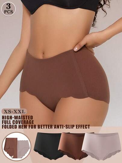 FINETOO 3pcs Women High Waist Non-Slip Ruffle Edge Full Coverage Briefs, Size XS-XXL