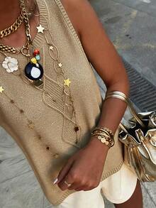 Women's Shimmering Gold-Thread Knit Top , Crew Neck, Sleeveless, Openwork Details, Split Hem; Regular Length, Medium Stretch,Vacation Outfits,Summer Tops. - Khaki - View 6