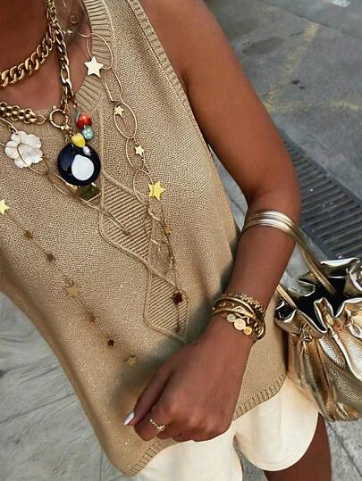 Blusa de punto con hilos dorados brillantes, cuello redondo, sin mangas, detalles calados, bajo con abertura; longitud regular, elasticidad media, atuendo de vacaciones, blusas de verano.