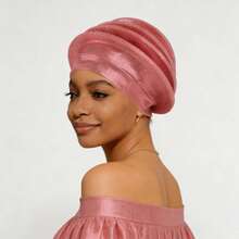 Shimmer African Head Wraps Solid Color Multi-Layer Church Turban For Women Stretch Hat - Pink - View 2
