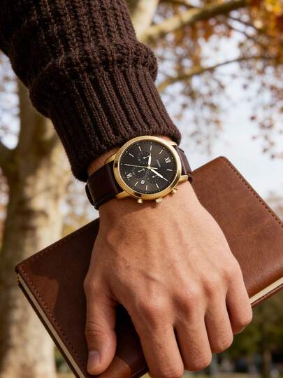 Fossil FS5763 Men's Fashion Wristwatch - Stainless Steel Case, Leather Strap, Mineral Glass, 50M Water Resistant, Black Dial
