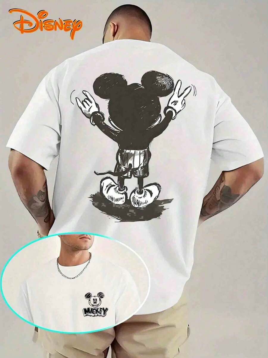 Disney A High-Quality 100% PureCotton Summer Men's T-Shirt With Mickey MousePortrait Print Pattern, Suitable For Various Styles SuchAs American Streets, Casual Daily Life, Etc - 白色 - 查看 1