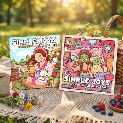 1 Set: Libro "Simple Felicidad" Vol.2 y Libro para Colorear "Simple Felicidad" - Escenas adorables y sencillas de autocuidado, ideal para adolescentes y adultos para aliviar la ansiedad y disfrutar de los pequeños placeres de la vida, regalo perfecto para la temporada de bodas y el Día de la Madre