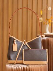 Brown And Beige Leather Tote Bag Set With Small Pouch - Height 24 Cm X Width 29 Cm X Depth 12 Cm, Women's Fashion Shoulder Handbag, Casual Work Everyday Use - Marrón - Ver 1