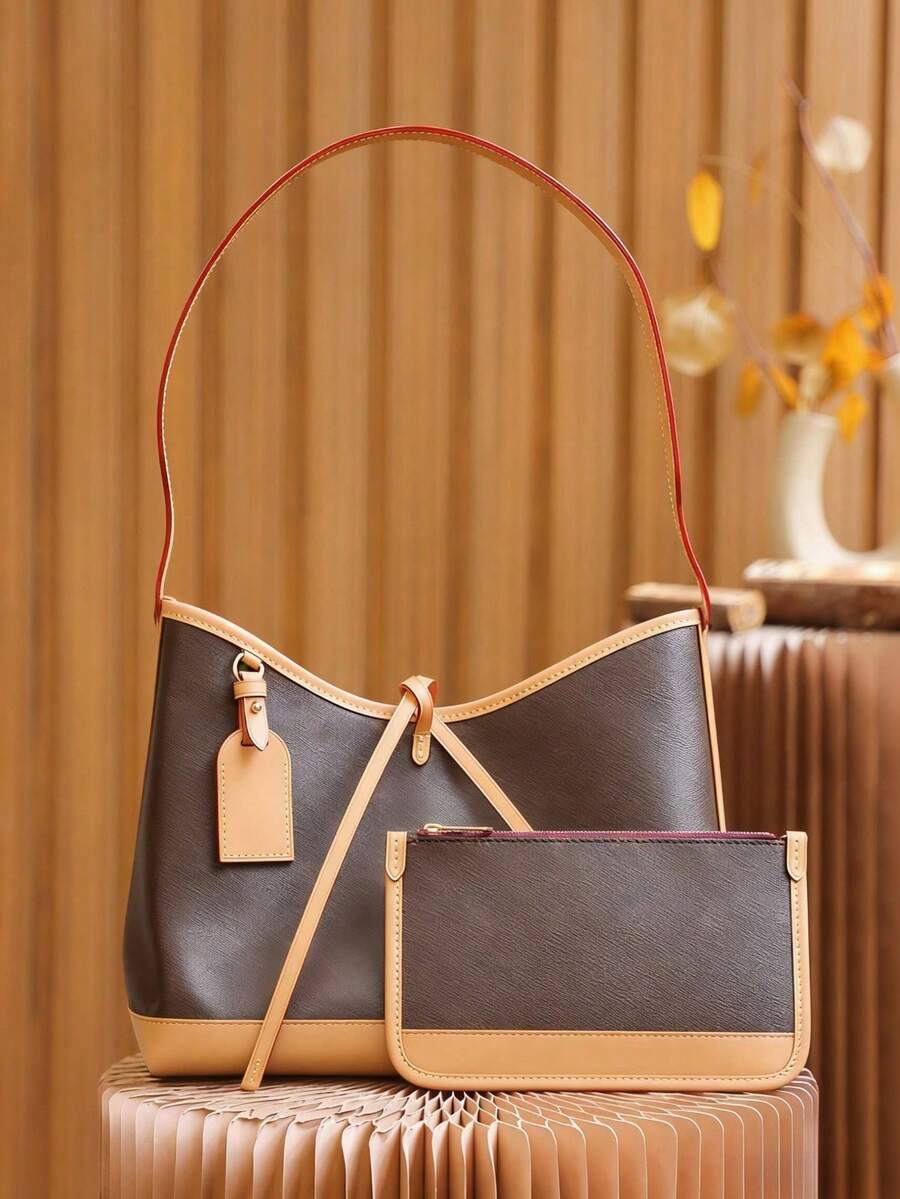 Brown And Beige Leather Tote Bag Set With Small Pouch - Height 24 Cm X Width 29 Cm X Depth 12 Cm, Women's Fashion Shoulder Handbag, Casual Work Everyday Use - Marrón - Ver 1
