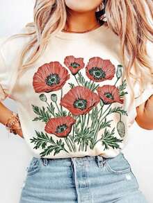 Poppies Linocut Shirt, Floral Linocut Shirt, Vintage Boho Poppies Tee, Cottagecore Wildflowers T-Shirt, Birthday Gift, 100% Cotton Women Oversized T-Shirts, Women Printed Casual Round Neck Short Sleeve Tee Women Tops, 1pcs Fashion Shirt-Unisex Loose - Fit Comfortable Vintage Street - Style Cotton T - Shirt Top - 白色 - 查看 8