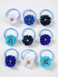 10pcs/Set Girls Sparkling Rhinestone Blue Daisy Flower Hair Scrunchies, Cute Princess Hair Accessories, Elastic Hair Ties, Hair Decorations For Girl - Multicolor - View 3