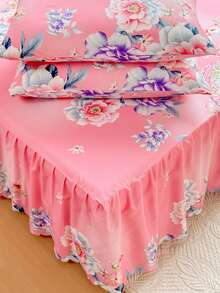 3件套（1件床裙，2件枕套）粉色中式牡丹印花大花荷叶边床裙，全覆盖防尘床罩，裙边床裙三件套，褶皱床裙配2个枕套床上用品套装 - 花房迷香粉 - 查看 5