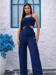 Premium Tailored Cargo Jumpsuit With Straps - Màu xanh hải quân - Xem 3