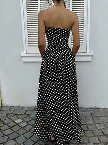 Women's Pink Polka Dot Print Ruffle Hem Strapless Dress, Suitable For Vacation, Spring Fashion, Wedding Guest Attire, Birthday Party, Outdoor Wear ,Summer Dress Polka Dot Dress Women Strapless Maxi Dress Women Women Vacation Dress Long Dress Summer - 黑色 - 查看 3