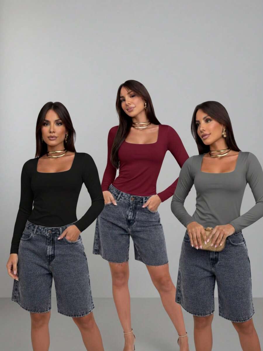 Set Of 3 Women's Second Skin Baby Look Blouses, Long Sleeve, Square Neck, Basic Shaping, Soft Supplex Fabric, Lined, Elastic, Premium Casual Fashion, Versatile, - 灰酒紅 - 查看 1