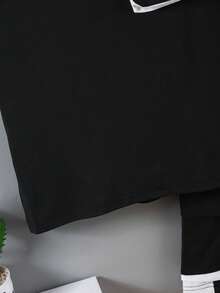 Set de 2 piezas de pantalones cortos con bolsillos cargo y camiseta de color contrastante para niños, conjunto de ropa casual de verano para niños de 8 a 12 años - Blanco y Negro - Ver 6