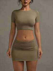 2026 Crew Neck Short Sleeve Fitted Sports T-Shirt, Cute Tight Casual Top For Summer - Earth - View 5