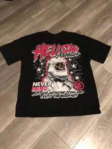 Summer Clothes Printed T-Shirt Cotton Plus Size Men's Clothing, Men's 100% Cotton Graphic Tee, Crew Neck Short Sleeve Casual T-Shirt With HELLSTARs Adventure Flame Letter Print, Skeleton Astronaut Graphic, Vintage Streetwear, Comfortable Soft & Breathable For Summer,Daily Wear & Going Out,Regular Fit, Durable Fabric,Ideal Gifts For Men ,Y2K,Oversized Shirt Men S-5XL,Summer Tops Summer Tops - Black - View 5