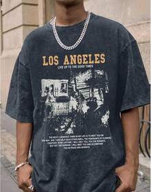 Oversized Graphic Tshirts For Men Acid Wash Los Angeles Vintage Tees Streetwear Baggy Cotton Shirts Casual Topssummer Outfits For Women - 牛仔藍 - 查看 3