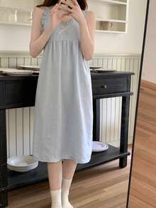 2pcs Women's Sleepwear Set, Solid Color V-Neck Ruffle Trim Slip Dress, Sexy Cute Comfortable Casual Style, Easy Care Fabric, Spring/Summer - Blue - View 5