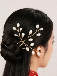 Bộ 3 lược cài tóc hợp kim kim loại, kẹp tóc hoa vải, kẹp tóc đính ngọc trai trắng, phụ kiện tóc cô dâu, quà tặng ngày Valentine. - Xem 2