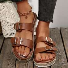 Summer Beach Walking Sandals For Women Flats Dressy Comfortable Flats Slides Buckle Shoes Outdoor Travel - 棕色 - 查看 7