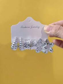 2/6/18pcs Elegant Women Earrings Set, Including Smooth Teardrop, Thick C-Shaped, Floral, Smooth C-Shaped, Twisted C-Shaped, Extra Large Smooth C-Shaped Styles. Crafting Capable And Intellectual Elegant, Adding Soft And Romantic Atmosphere. Suitable For Daily Commute, Dates, Gatherings, Travel Outfits - Silver - View 2