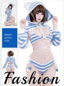 Sexy Fuzzy Cat Cosplay Set For Women, Open-Chest Kawaii Kitty Costume With Bikini & Choker, Cute Furry Cat Ears Outfit For Halloween & Christmas Party – One Size - 天藍色 - 查看 4