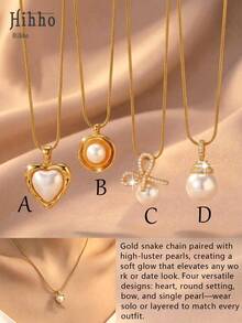 Hihho 1 Peça Colar de Pérolas de Luxo, Tom Dourado Quente com Detalhes de Pérola e Zircônia, 4 Estilos Diferentes, Pode Ser Usado Sozinho ou em Camadas, Adequado para Looks Franceses, de Trabalho e Doces. Ótimo para Uso Diário ou como Presente. - Dourado - Visão 6