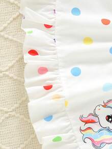 Baby GirlSweet Dreamy Colorful Polka Dot Unicorn Strap Waist Ruffle Hem Dress, Suitable For 0-3 Years Old, Summer Casual Dress For Daily Outing - White - View 6