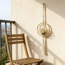 1pc Macrame Plant Hanger, Handwoven Boho Style Air Plant Bamboo Ring Decor Hanging Holder, Indoor Small Greenery Suspension Accessory - Excluding Plants And Flowers - Beige - View 9