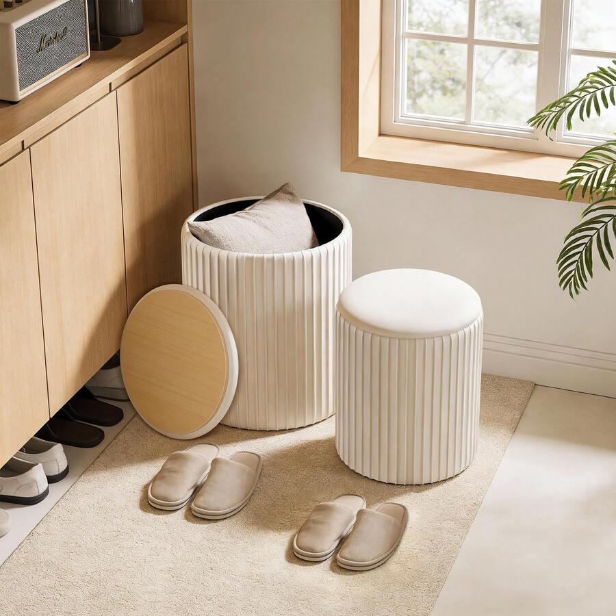 Round Ottoman With Storage Set Of 2, Upholstered Velvet Storage Ottoman, Vanity Stool For Makeup, Modern Style Coffee Table,Small Foot Stool For Living Room Bedroom Dorm - White - View 1