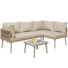 Iron Garden Lounge Set, Green Rope Garden Furniture Set, L-Shaped Garden Furniture Set, Green Rope Lounge Set With Seat Cushions, Adjustable Legs, 2 Sofas And 1 Table - Khaki - View 11