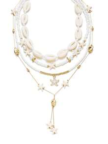 4pcs/Set Summer Beach Vacation Style Shell, Starfish & Pearl Y-Necklace Set, Multilayer Necklace Suitable For Beach, Holiday, Daily, Party, Gift For Friends & Girlfriends, Vacation Essential - Yellow Gold - View 3