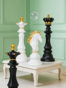 現代金飾象棋棋子雕塑，優雅國王與騎士小雕像，適合客廳咖啡桌、豪華居家辦公室書桌裝飾，極簡黑白書架玄關裝飾擺件 - A - 查看 1