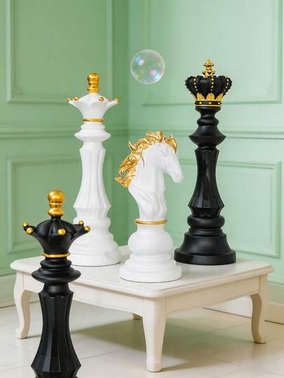 Modern Gold-Accented Chess Piece Sculpture, Elegant King And Knight Decor, Suitable For Living Room Coffee Table, Luxury Home Office Desk, Minimalist Black And White Bookshelf Entryway Decorative Piece