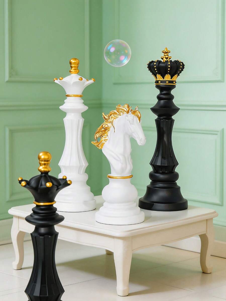 現代金飾象棋棋子雕塑，優雅國王與騎士小雕像，適合客廳咖啡桌、豪華居家辦公室書桌裝飾，極簡黑白書架玄關裝飾擺件 - A - 查看 1