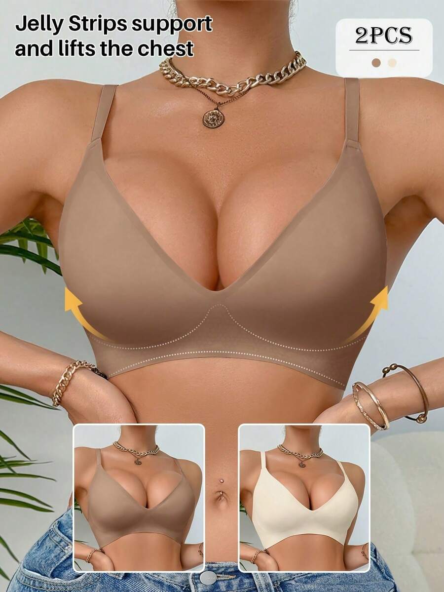 Set Of 2 Women'S Easy Jelly Bras - Wireless Push-Up, Extremely Soft Daily Comfort Underwear - Cà phê + Mơ - Xem 1